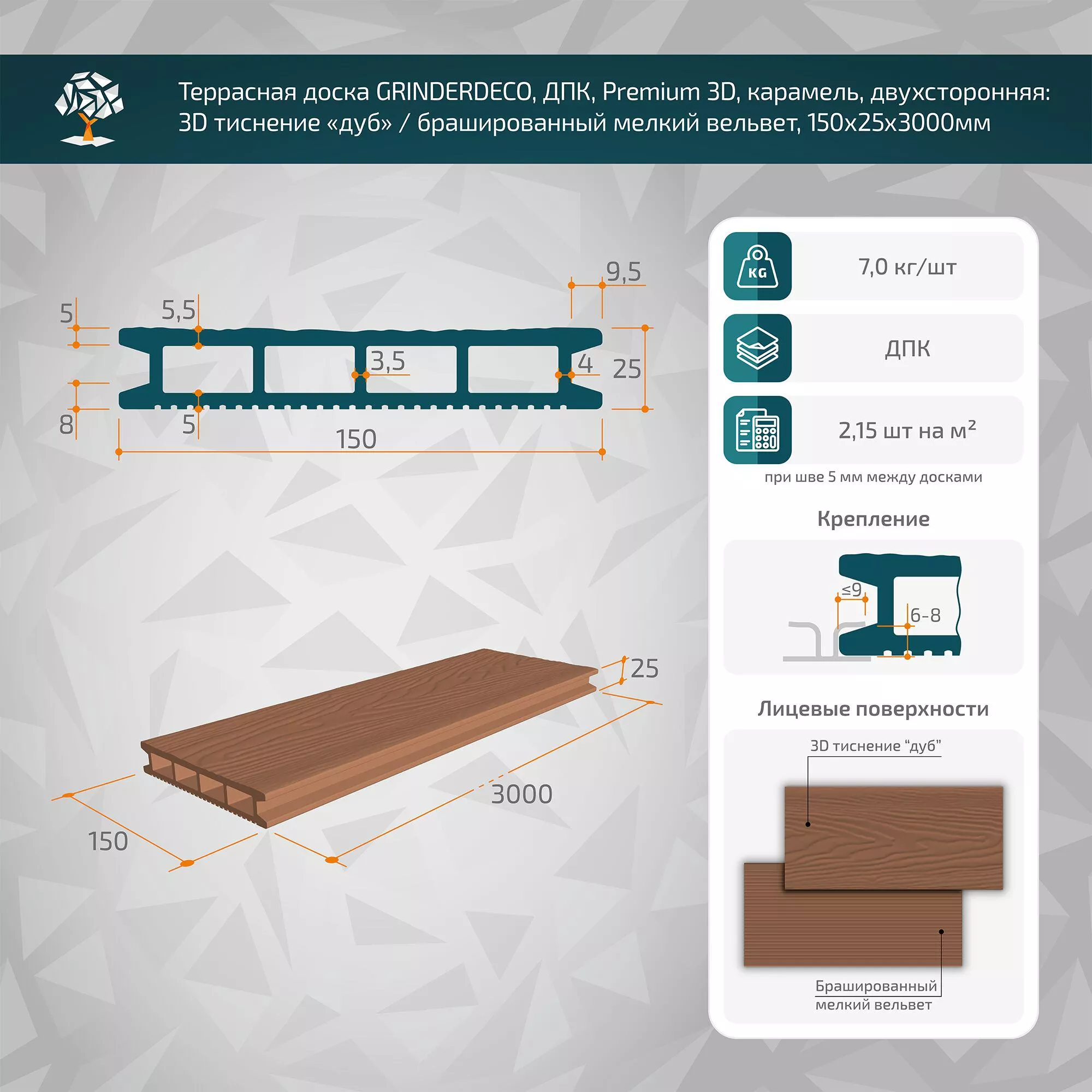 Террасная доска GRINDERDECO, ДПК, карамель, брашированный мелкий вельвет, 150х25х3000мм купить в санкт-петербурге