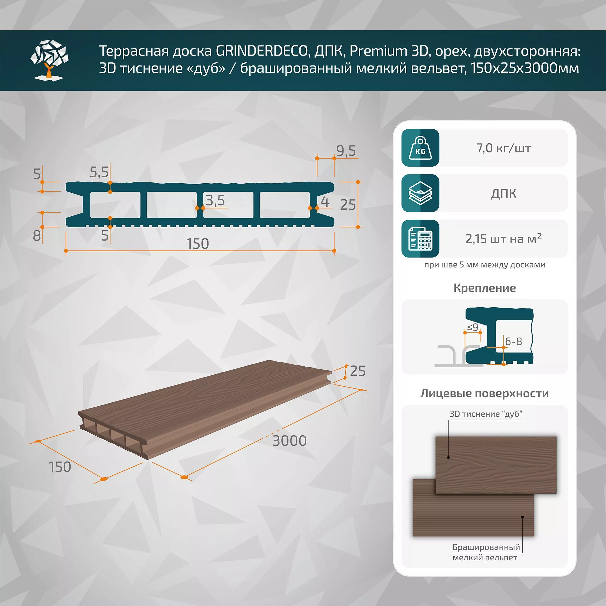Террасная доска GRINDERDECO, ДПК, орех, брашированный мелкий вельвет, 150х25х3000мм купить в санкт-петербурге